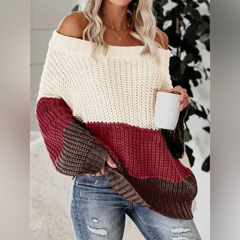 Off-Shoulder Color Block Sweater